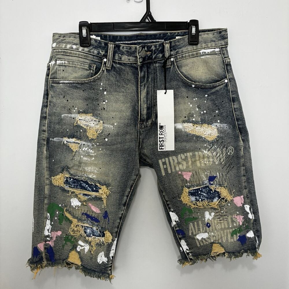 First Row Distressed Paint Splatter Knee Length Denim Shorts Size 34